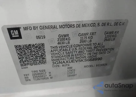 2019 Chevrolet Equinox Lt z USA, uszkodzony, nr VIN 3GNAXUEV5KS668990
